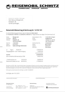 Contrat de location de camping-car Schmitz